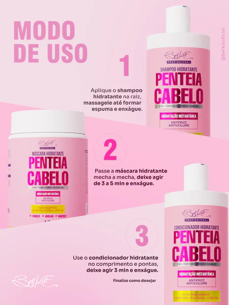 Kit Capilar Penteia Cabelo Belkit — Hidratação Instantânea, Antifrizz e Antivolume (3 Produtos)